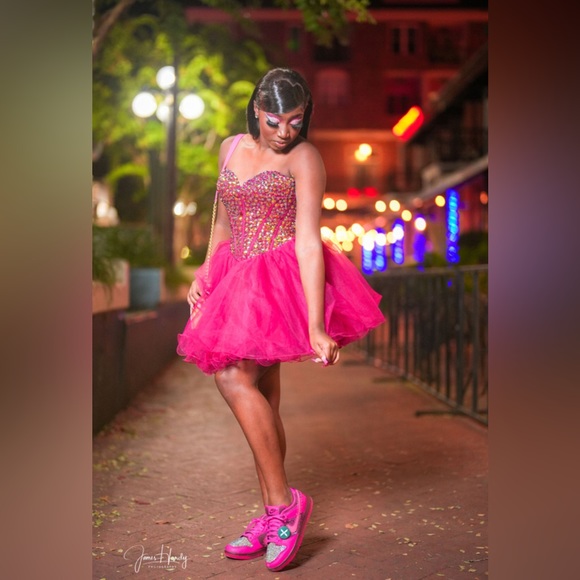 Sherri Hill Hot Pink Strapless Corset Embellished Tulle Formal Dress (Sz 8) - Picture 14 of 16